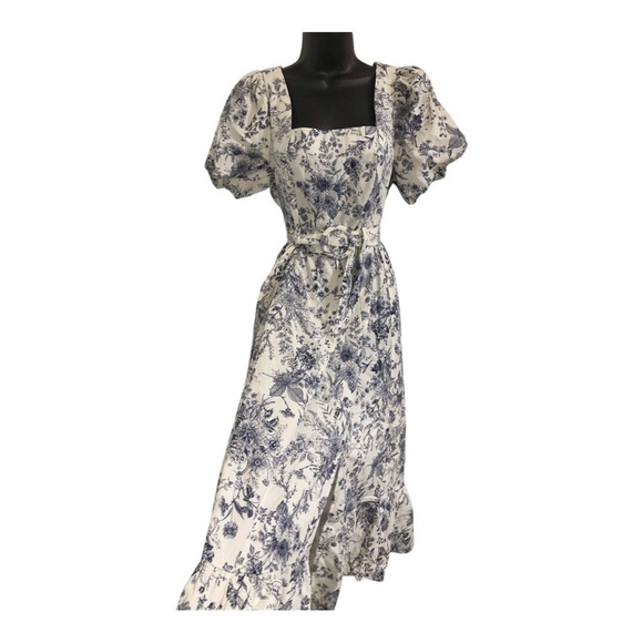 Cream blue floral‎ puff sleeve belted smocked square neck nap dress size medium - Picture 13 of 17